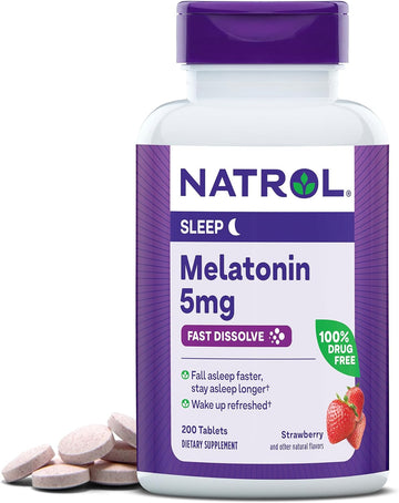 Natrol Sleep Melatonin 5Mg Fast Dissolve Tablets, Nighttime Sleep Aid For Adults, 200 Strawberry-Flavored Melatonin Tablets, 200 Day Supply