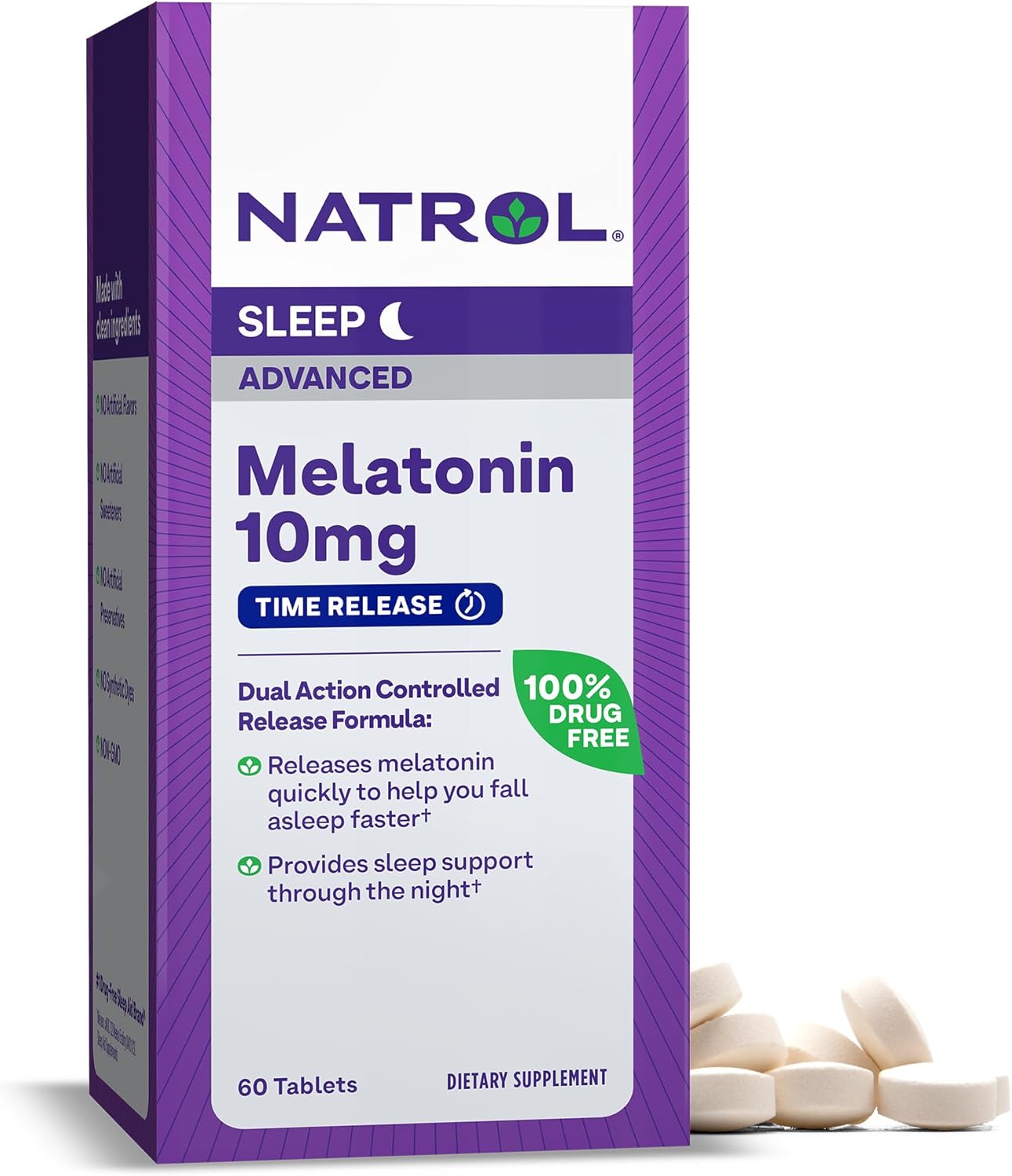 Natrol Melatonin Advanced Sleep Tablets With Vitamin B6 Helps You Fall Asleep Faster Stay Asleep Longer 2Layer Controlled Release 100 Drugfree 10Mg, Multicolor, 60 Count