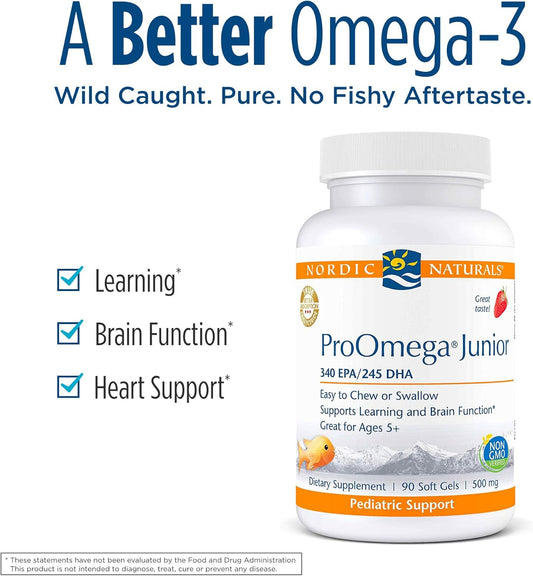 Nordic Naturals ProOmega Junior - Fish Oil, 340 mg EPA, 245 mg DHA, Support for Healthy Neurological, Nervous System, Eye, and Immune System Development*, Strawberry Flavor, 90 Soft Gels