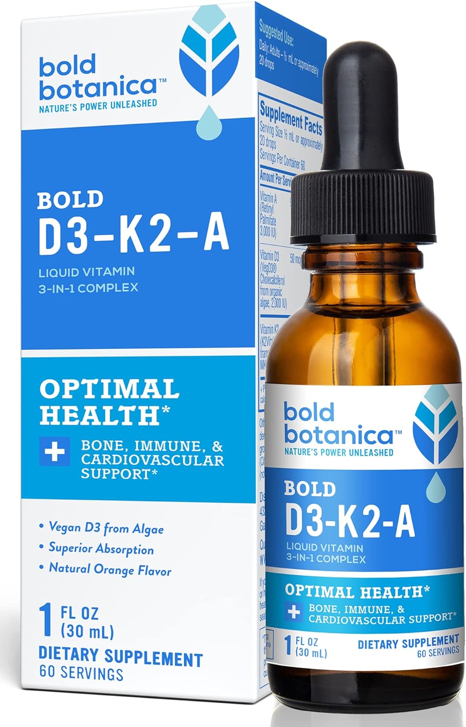 Bold Botanica D3-K2-A, Liquid Vitamin Complex, Vegan Vitamin D3 From Organic Algae With Vitamin K2 (Mk7) And Vitamin A For Immune Support, Natural Orange Flavor, Tastes Delicious, 1 Fl Oz. (30Ml)