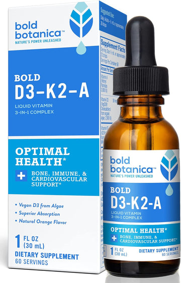 Bold Botanica D3-K2-A, Liquid Vitamin Complex, Vegan Vitamin D3 from Organic Algae with Vitamin K2 (MK7) and Vitamin A for Immune Support, Natural Orange Flavor, Tastes Delicious, 1 FL OZ. (30mL)