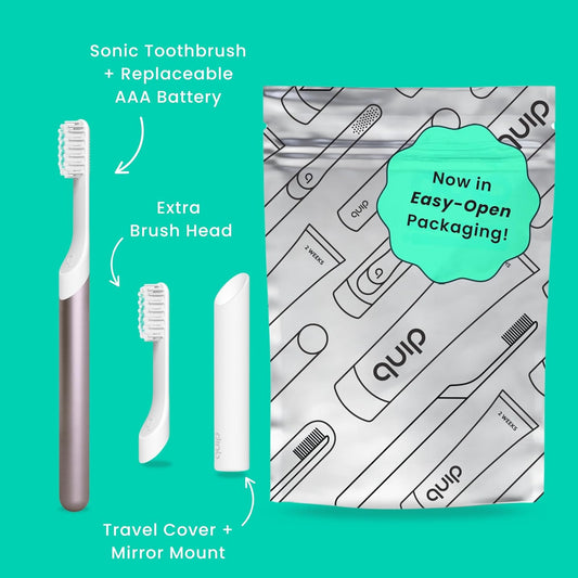 Quip Metal Sonic Toothbrush, Electric Toothbrush For Adults –Time Travel & Soft Bristles With Travel Case & Replaceable Brush Head -3-Month Battery Life - Moonrise Champagne