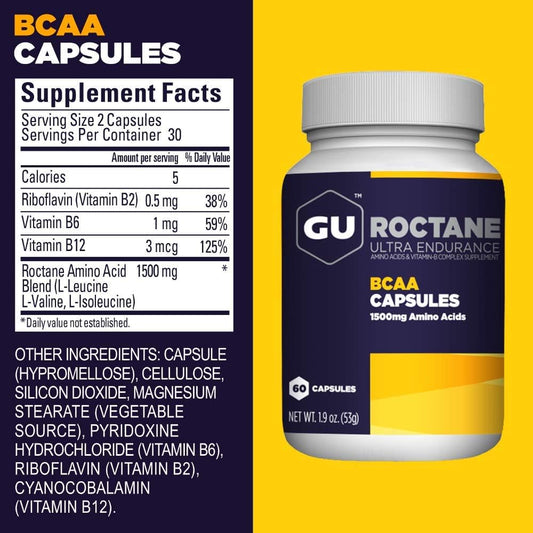 Gu Energy Roctane Ultra Endurance Branch Chain Amino Acid And Vitamin B Exercise Recovery Capsules,Informed Choice, Energy For Before, During Or After Any Workout, 60-Count Bottle