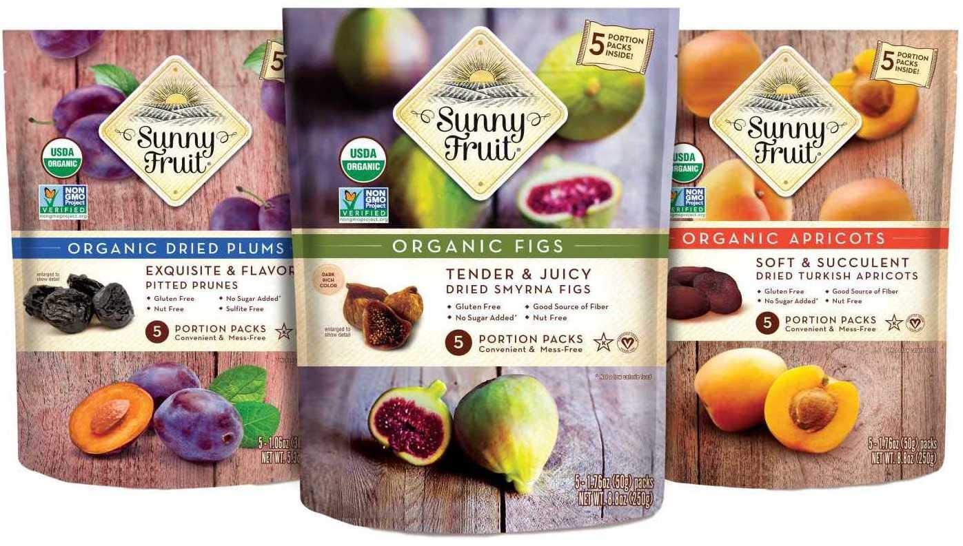 Sunny Fruit Organic Dried Fruit Assortment - Figs, Apricots, Dates, Mango, Cherries & Prunes Variety, 6 Bags (30 Individual Portion Packs) | Non-Gmo, Halal, Kosher, No Preservatives, No Sugar Added