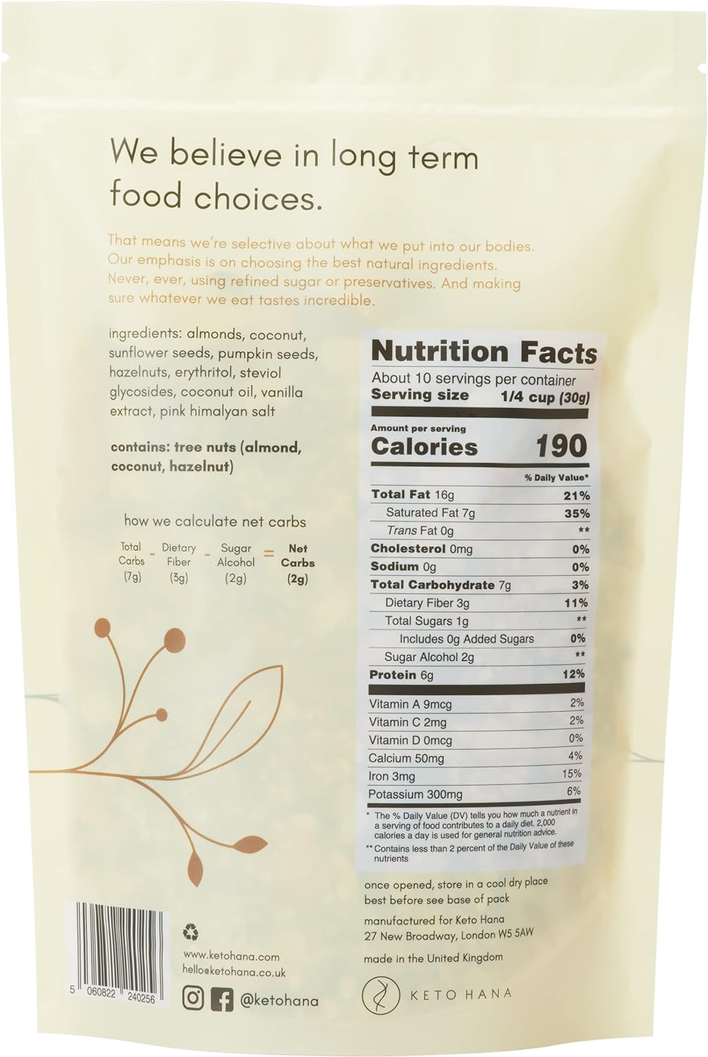 Keto Hana Keto Nut Granola (11Oz), Vanilla & Pink Himalayan Salt- Low Carb, Low Calorie, High Protein (2G Net Carbs)