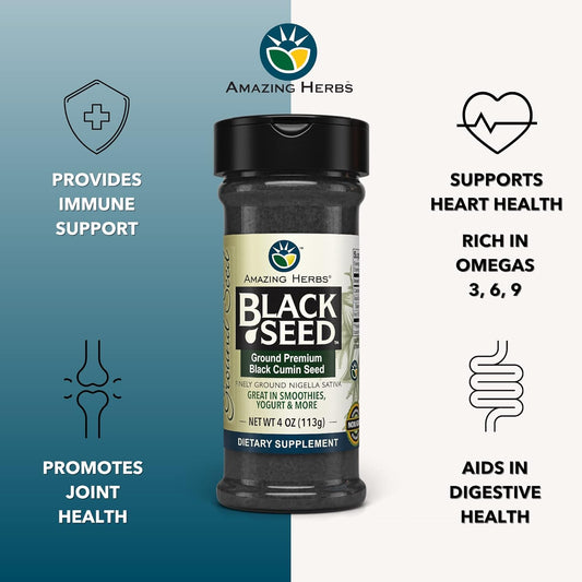 Amazing Herbs Premium Ground Black Cumin Seeds - Finely Ground Nigella Sativa, Gluten Free, Non GMO, Supports Cardiovascular Function & Preserves Digestive Health - 4 Oz