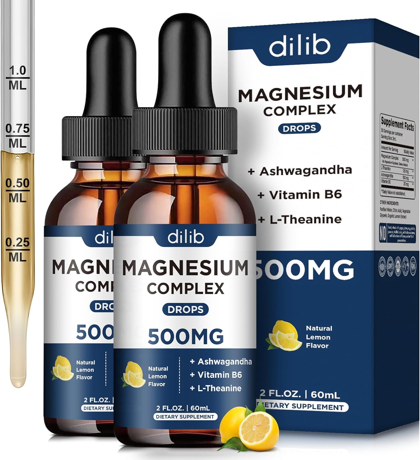 (2 Pack) Magnesium Glycinate, Citrate, Malate Liquid Drops-Triple Magnesium Complex Supplement 500Mg With Ashwagandha, L-Theanine, Vitamin B6-Support Calm, Stress Relief, Sleep, Muscle-Lemon Flavor