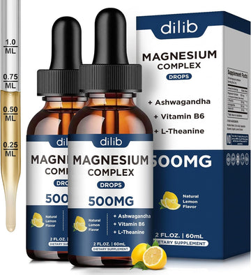 (2 Pack) Magnesium Glycinate, Citrate, Malate Liquid Drops-Triple Magnesium Complex Supplement 500Mg With Ashwagandha, L-Theanine, Vitamin B6-Support Calm, Stress Relief, Sleep, Muscle-Lemon Flavor