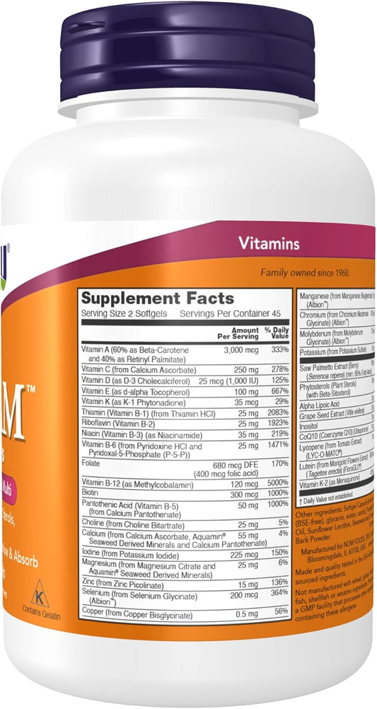 Now Foods Supplements, Adam™ Men'S Multivitamin With Saw Palmetto, Plant Sterols, Lycopene & Coq10, 90 Softgels