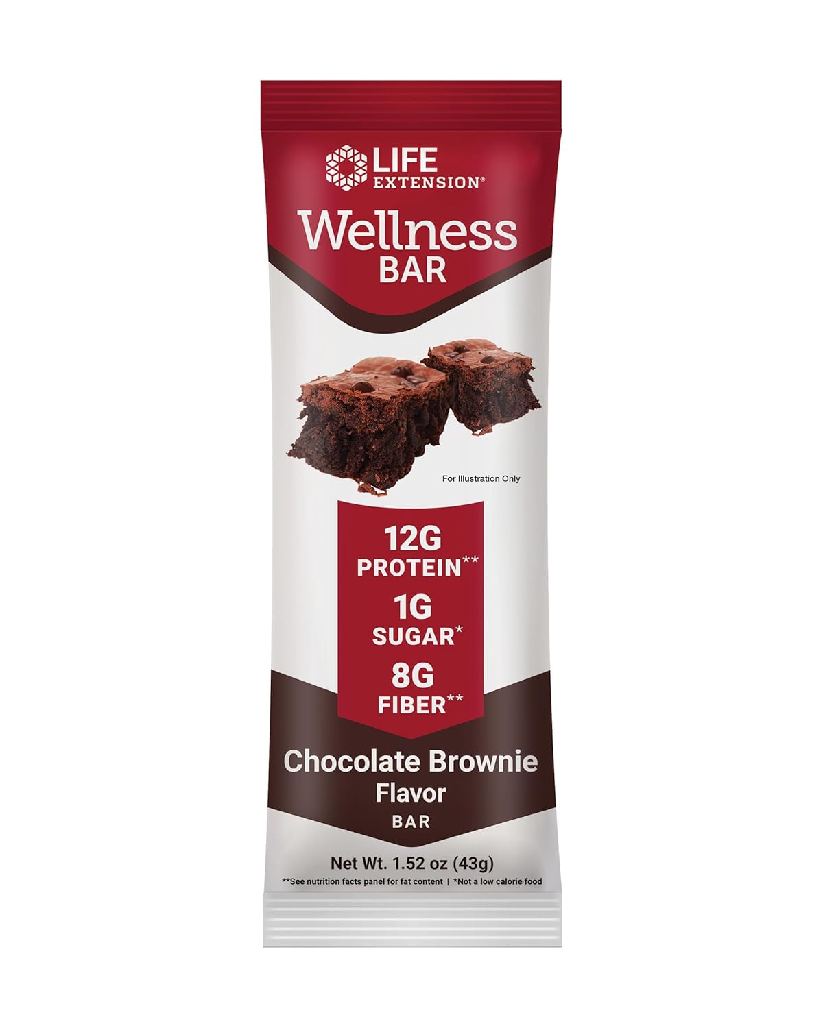 Life Extension Wellness Bar (Chocolate Brownie), 12 g of protein, 8 g of fiber, chocolate brownie avor, 100% cacao chips, protein-rich, on-the-go snack, only 1 g of sugar, 6 bars