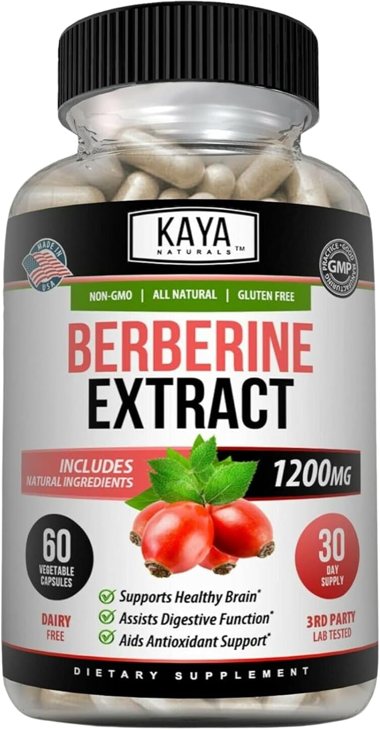 Kaya Naturals Berberine Hcl Extract 1200Mg - Supports Strong Immune System - Helps With Glucose Levels, Improve Gut Health (Vegetarian, Non-Gmo & Gluten-Free) Berberine Supplement (60 Count)