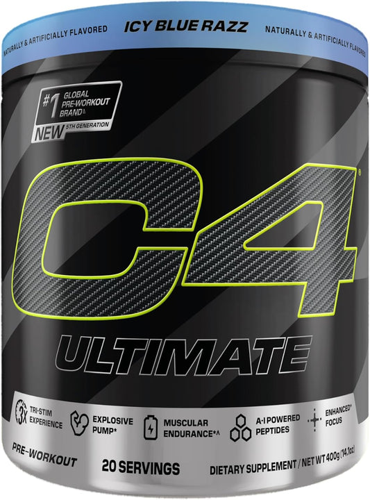 Cellucor C4 Ultimate Pre Workout Powder - Sugar Free Preworkout Energy Supplement For Men & Women - 300Mg Caffeine + Teacrine + Dynamine + Creatine - Icy Blue Razz, 20 Servings