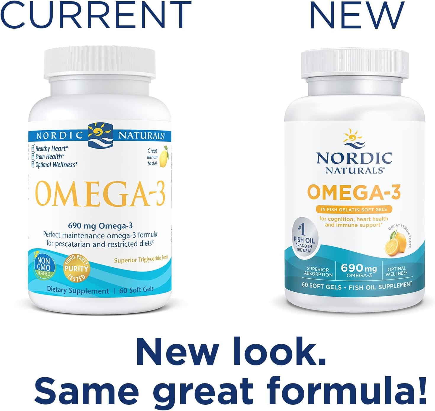 Nordic Naturals Omega-3 in Fish Gelatin, Lemon Flavor - 60 Fish Gels - 690 mg Omega-3 - Fish Oil - EPA & DHA - Immune Support, Brain & Heart Health, Optimal Wellness - Non-GMO - 30 Servings : Health & Household