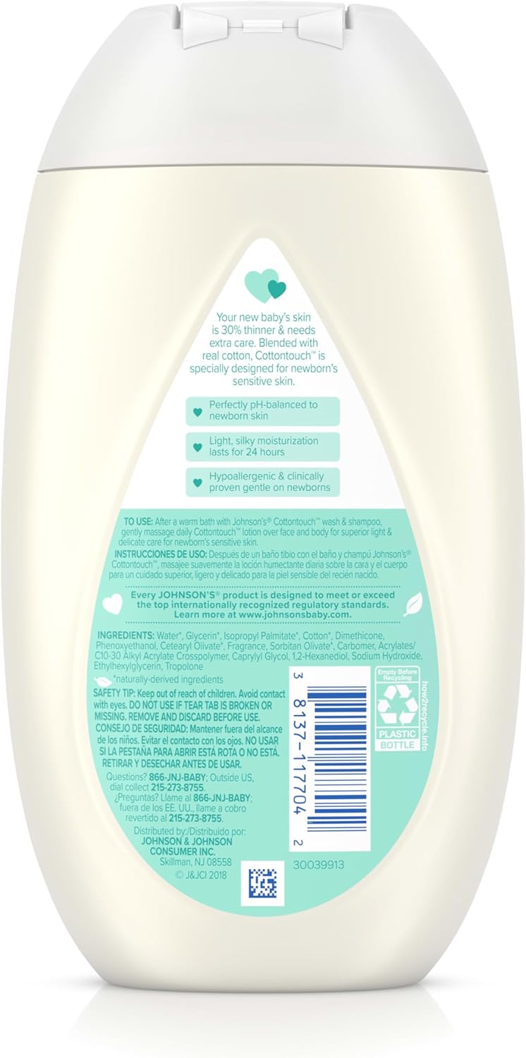 Johnson'S Cottontouch Newborn Baby Face And Body Lotion, Hypoallergenic Moisturization For Baby'S Skin, Made With Real Cotton, Paraben-Free, Dye-Free, 13.6 Fl. Oz : Baby