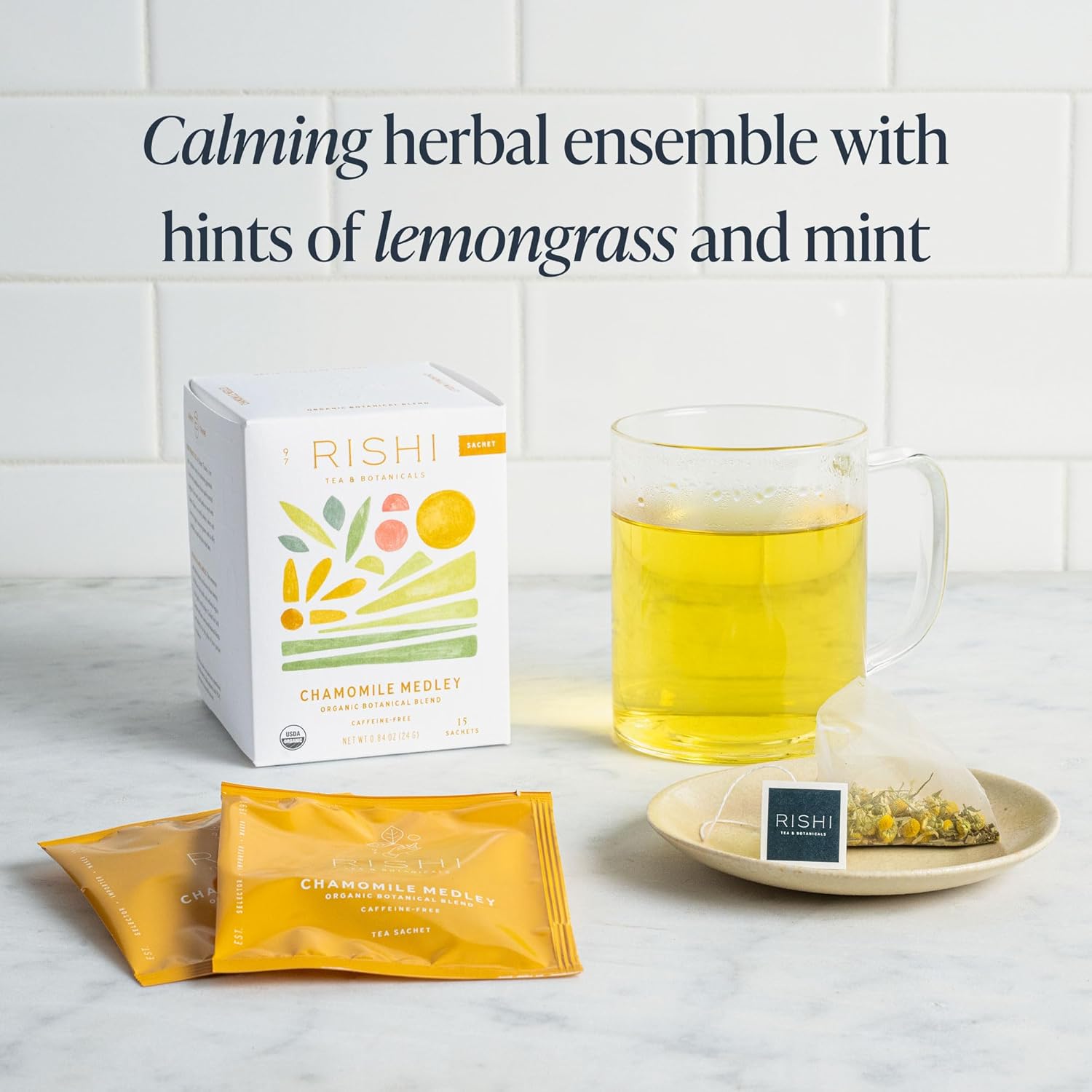 Rishi Tea Chamomile Medley Tea - Usda Organic Tea Bags, Caffeine Free, Chamomile Flowers W/ Lemongrass, Lemon Verbena, & Spearmint - 15 Sachets