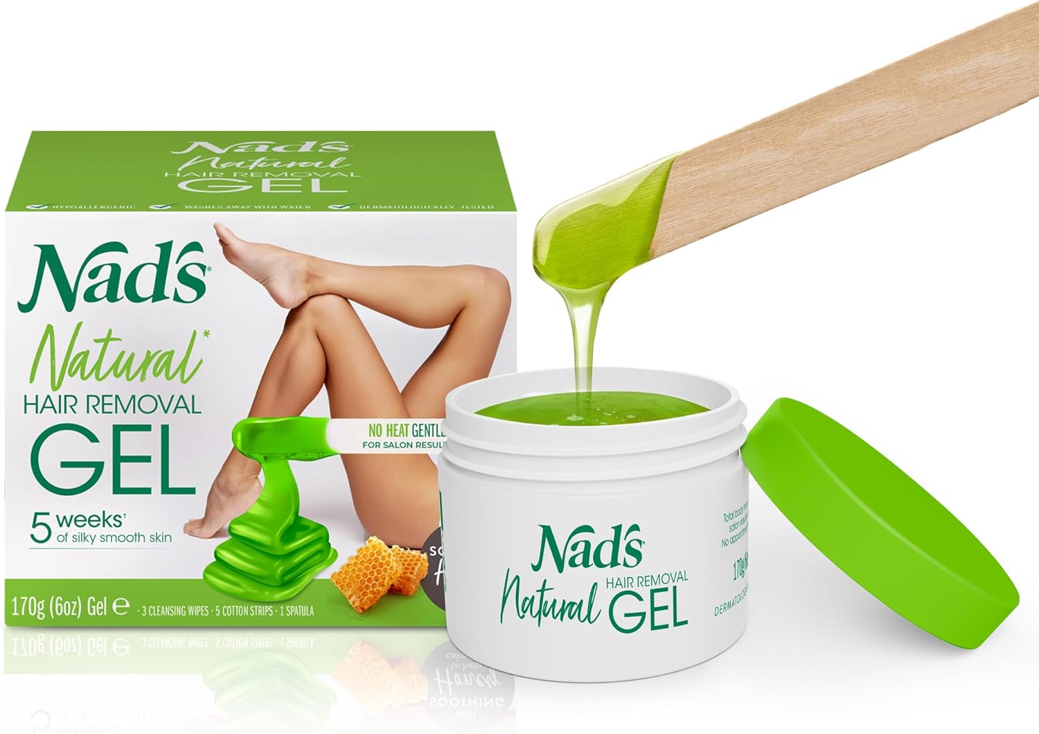 Nad'S Original Natural Hair Removal Gel Wax Kit, Waxing Kit For Body, Arms, Bikini, Legs And Face, No-Heat Formula, Includes 1 Spatula, 5 Reusable Cotton Strips, 3 Cleansing Wipes, Gel Wax 170G