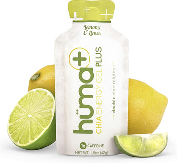 Huma Plus (Double Electrolytes) - Chia Energy Gel, Lemon Lime, 12 Gels, 1x Caffeine - Stomach Friendly, Real Food Energy Gels