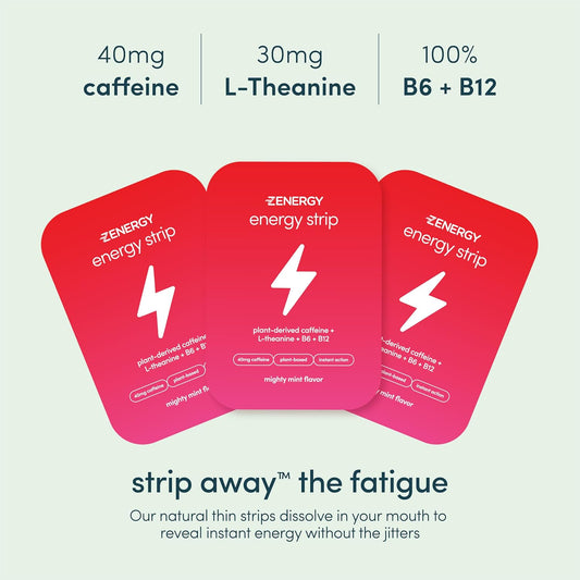 Zenergy Energy Oral Strips - Mint Flavor | 40Mg Caffeine + 30Mg L-Theanine + 100% Vitamin B6 & B12 | 0 Sugar, 0 Calories, 0 Gluten, 0 Aspartame, Vegan, Plant-Based, Instant Action | 1 Tin = 30 Strips