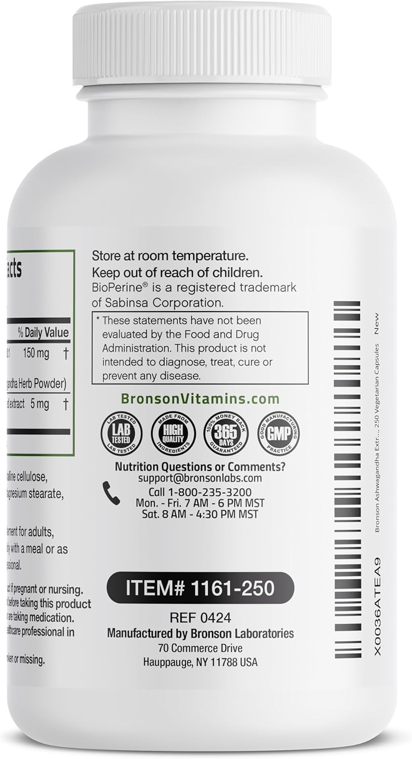 Bronson Ashwagandha Extra Strength Stress & Mood Support with BioPerine - Non GMO Formula, 250 Vegetarian Capsules : Health & Household