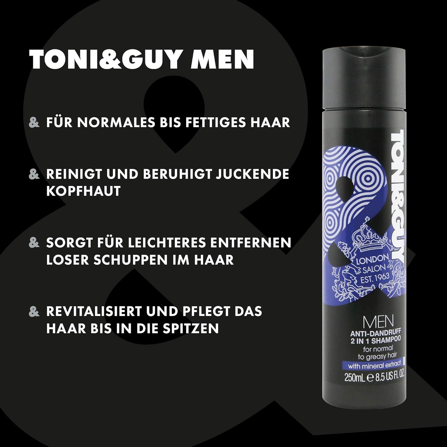 Toni & Guy Men Anti Dandruff 2 in 1 Shampoo, Cleanses Greasy Hair and Soothes Itchy Scalp, 250ml (Pack of 2) : Amazon.co.uk: Beauty