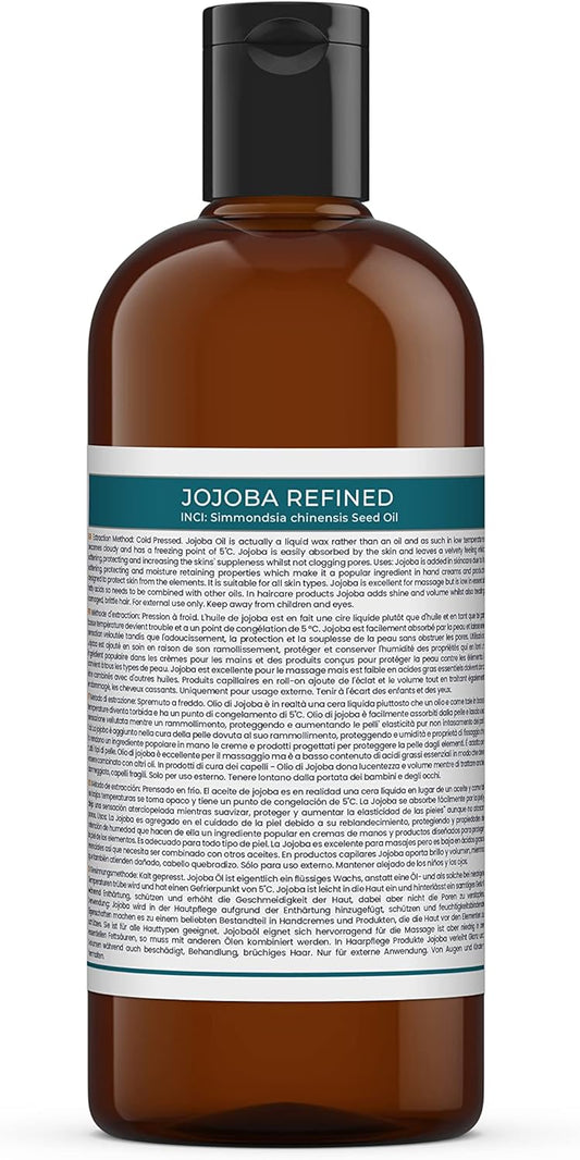Mystic Moments | Jojoba Refined (Clear) Carrier Oil 500ml - Pure & Natural Oil Perfect for Hair, Face, Nails, Aromatherapy, Massage and Oil Dilution Vegan GMO Free