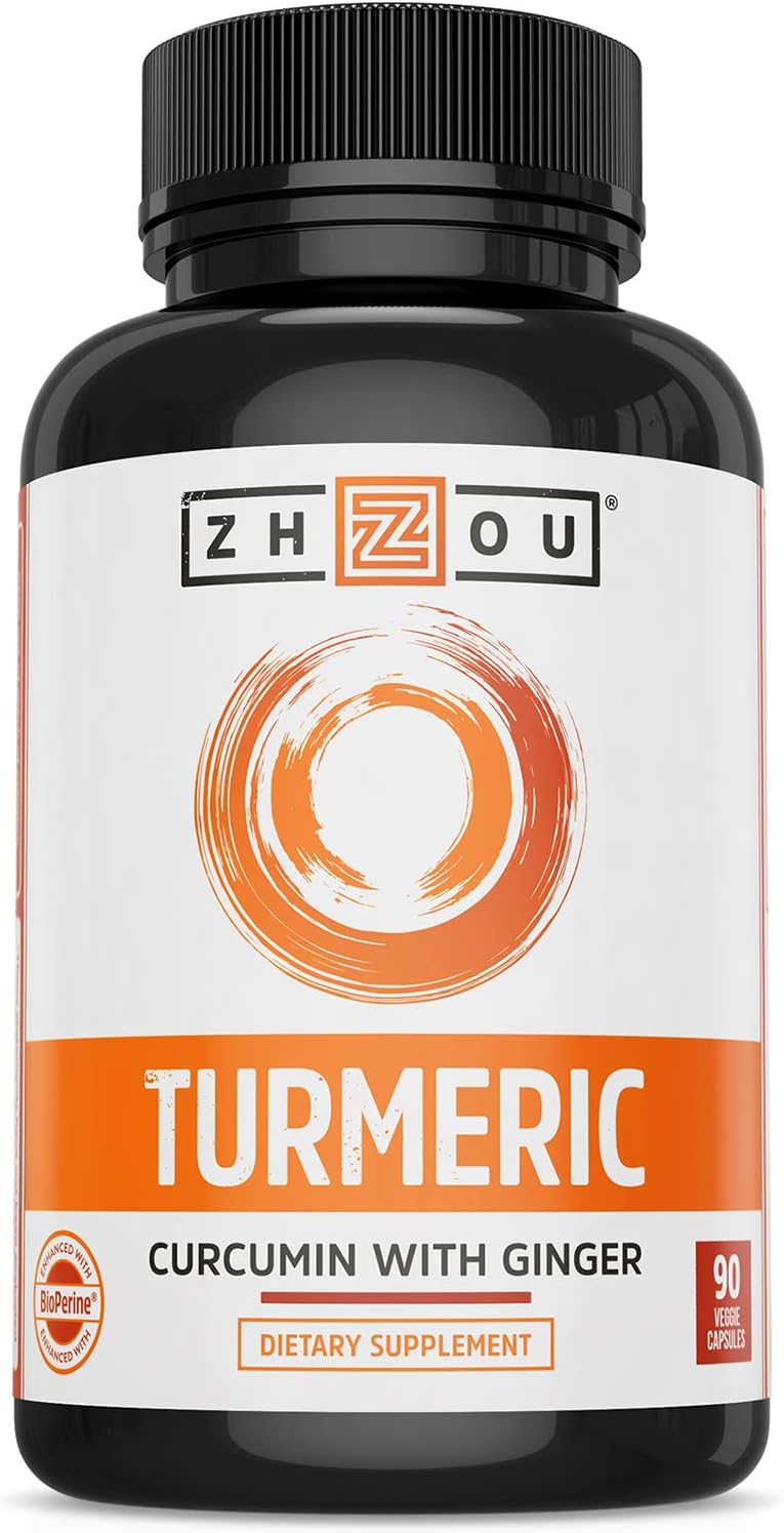 Zhou Turmeric Curcumin And Ginger With Bioperine 1800 Mg | Extra Strength Antioxidant For Maximum Joint Comfort And Mobility | Non-Gmo | 30 Servings, 90 Veggie Caps