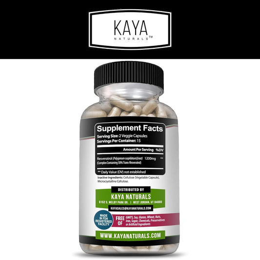 Kaya Naturals - Resveratrol Capsules - Anti Aging Supplement - Antioxidants With Brain Support - Maximum Benefits - 30 Veggies Capsules