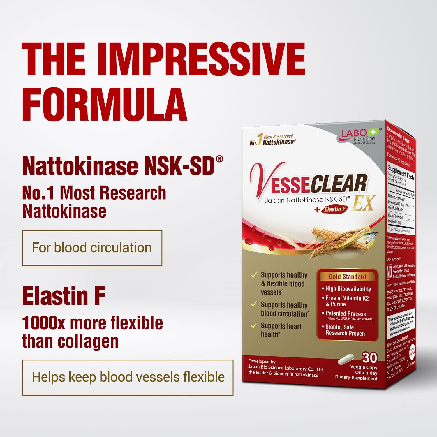 Labo Nutrition Vesseclear Ex: Nattokinase Nsk-Sd+Elastin F For Clean & Flexible Blood Vessel. Japan'S Most Clinically Studied, Functional Dose, Acid-Resistant/Delayed Release Capsules, 90 Count : Health & Household