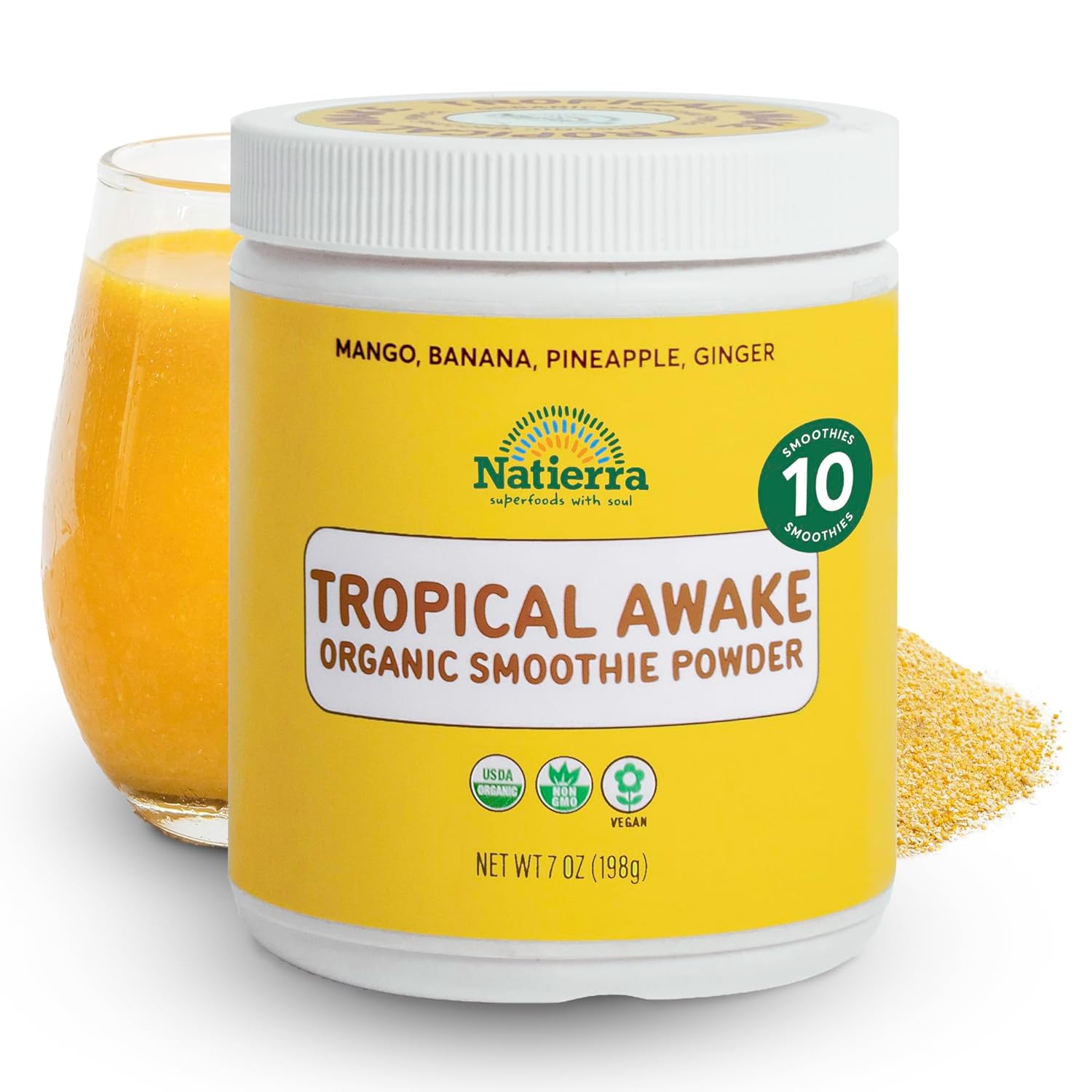 NATIERRA Tropical Awake Organic Smoothie Powder | USDA Organic, Vegan & Non-GMO | 7 oz Jar