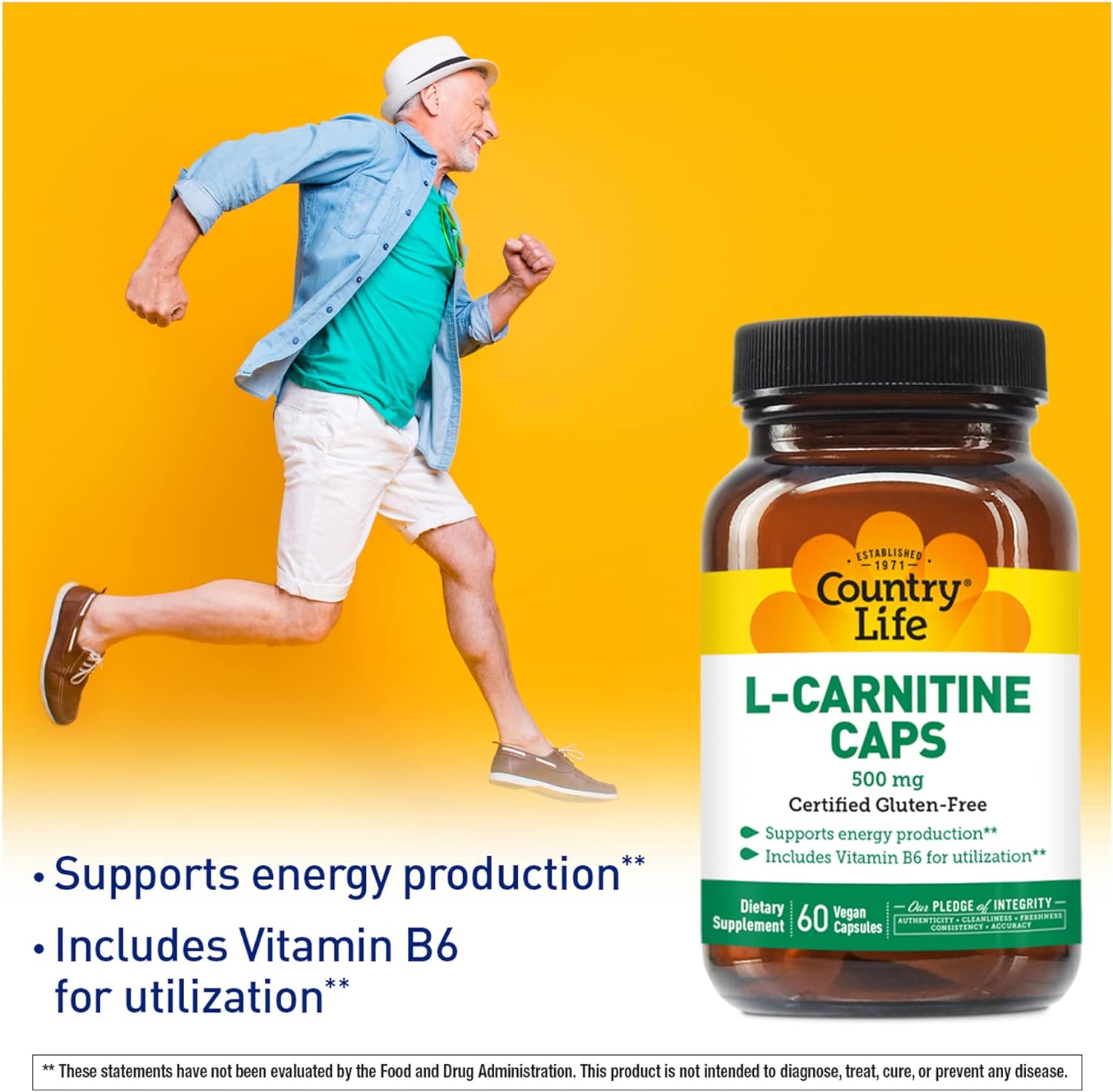 Country Life L-Carnitine Caps 500mg, 60 Capsules, Certified Gluten-Fre