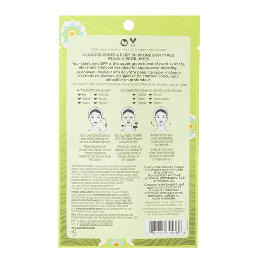Pacifica Beauty Super Green Tea Detox Kale & Charcoal Facial Sheet Mask for All Skin Types, Vegan & Cruelty Free, 0.67 Fl Oz