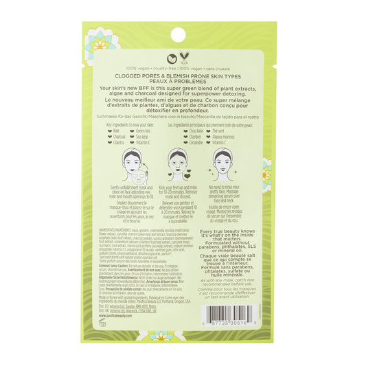 Pacifica Beauty Super Green Tea Detox Kale & Charcoal Facial Sheet Mask For All Skin Types, Vegan & Cruelty Free, 0.67 Fl Oz (Pack Of 5)