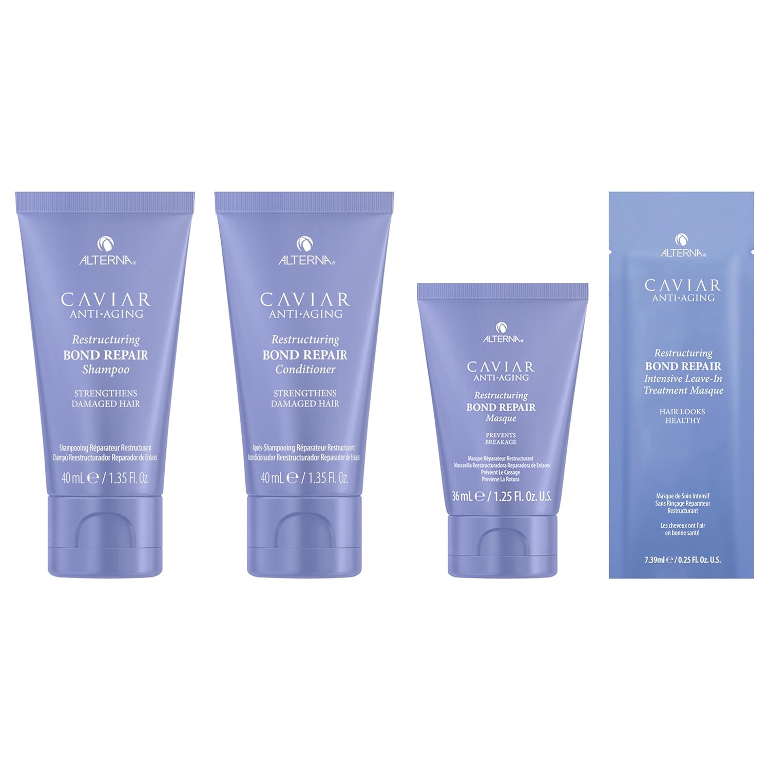 Alterna Haircare Caviar Anti-Aging Restructuring Bond Repair Travel Kit - Shampoo, Conditioner, Masque | Strengthens And Protects Damaged Hair : Beauty & Personal Care