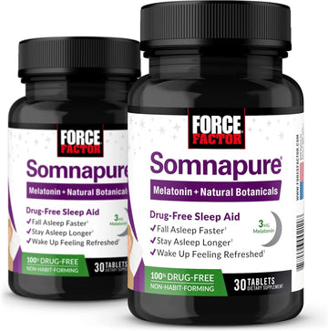 Force Factor Somnapure, 2-Pack, Drug-Free Sleep Aid For Adults With Melatonin, Valerian Root, And Lemon Balm, Non-Habit-Forming Sleeping Pills, Fall Asleep Faster, Wake Up Refreshed, 60 Tablets