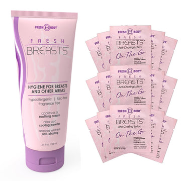 Fresh Body Fresh Breasts Anti Chafing Deodorant Lotion to Powder for Women, 3.4oz and On-The-Go Travel Size Single .07oz (15 Pack) - Anti Chafe Cream Whole Body Deodorant for Women