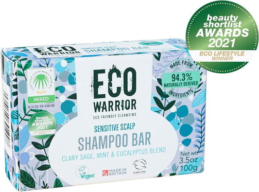 Eco Warrior Sensitive Shampoo Bar – Vegan, Cruelty Free, No Sls Or Parabens, Deeply Nourishing White Clay & Clary Sage Oil, Natural Mint Plus Eucalyptus – Eco Friendly, 100G