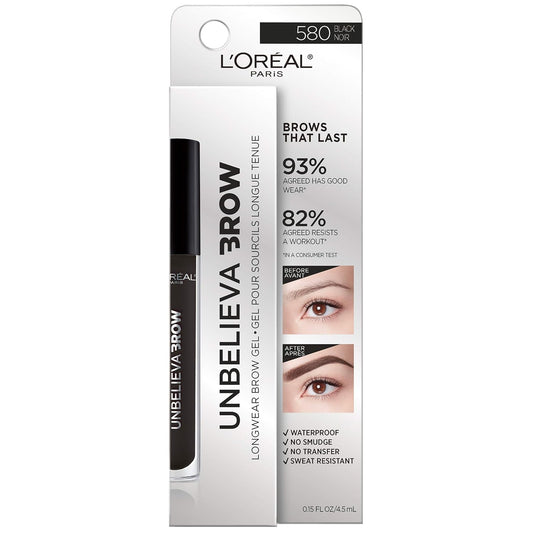 L'Oreal Paris Unbelieva-Brow Longwear Waterproof Tinted Brow Gel, Smudge-Resistant, Transfer- Proof, Quick Drying, Easy And Quick Application With Precise Brush, Black, 0.15 Fl. Oz