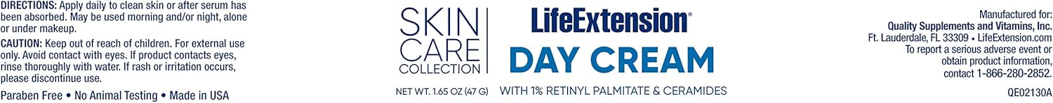 Life Extension Skin Care Collection Day Cream Bright, Young Looking Skin - Retinyl, Rice Bran Ceramides, Green Tea - Nutrients Support Collagen Production, Thickness & Firmness - Net Wt. 1.65 (47 g)