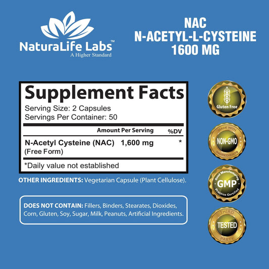 N-Acetyl-L-Cysteine (NAC) 1600 mg Lung Health & Immune Support, Liver Support & Antioxidants*, Free-Radicals, Free Form - 100 Veggie Capsules