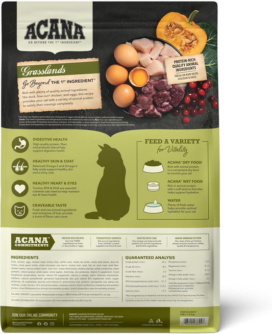 Acana Highest Protein Grasslands Grain-Free Dry Cat Food, Duck, Free-Run Chicken And Eggs Cat Food Recipe, 4Lb