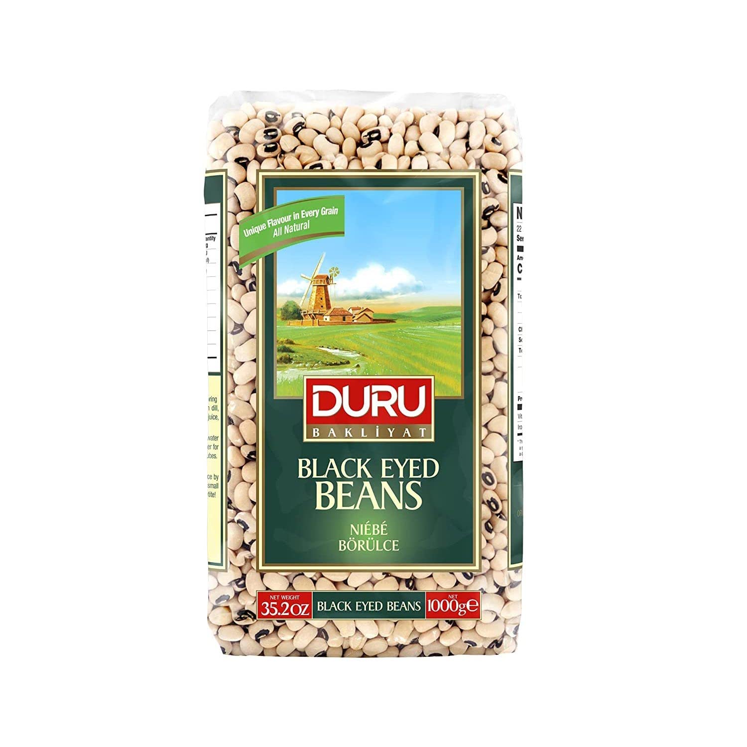 Duru Black Eyed Beans, 35.2oz (1000g), 100% Natural and Certificated, High Fiber and Protein, Non-GMO, Great for Vegan Recipes, Gluten Free