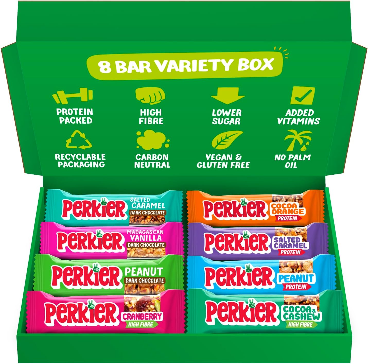 Perkier Peanut, 18 Bars, Vegan, Gluten Free, Protein, High Fibre, Lower Sugar Snack, Natural Ingredients, Lower Calorie, Healthy, No Palm Oil, Carbon Neutral, Recyclable Packaging