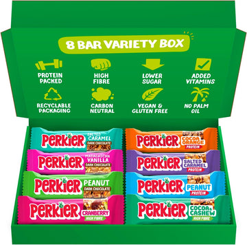 Perkier Variety Box,18 Bars, 6 Flavours, Vegan, Gluten Free, Protein, High Fibre, Lower Sugar Snack, Natural Ingredients, Lower Calorie, Healthy, No Palm Oil, Nut Bar, Carbon Neutral