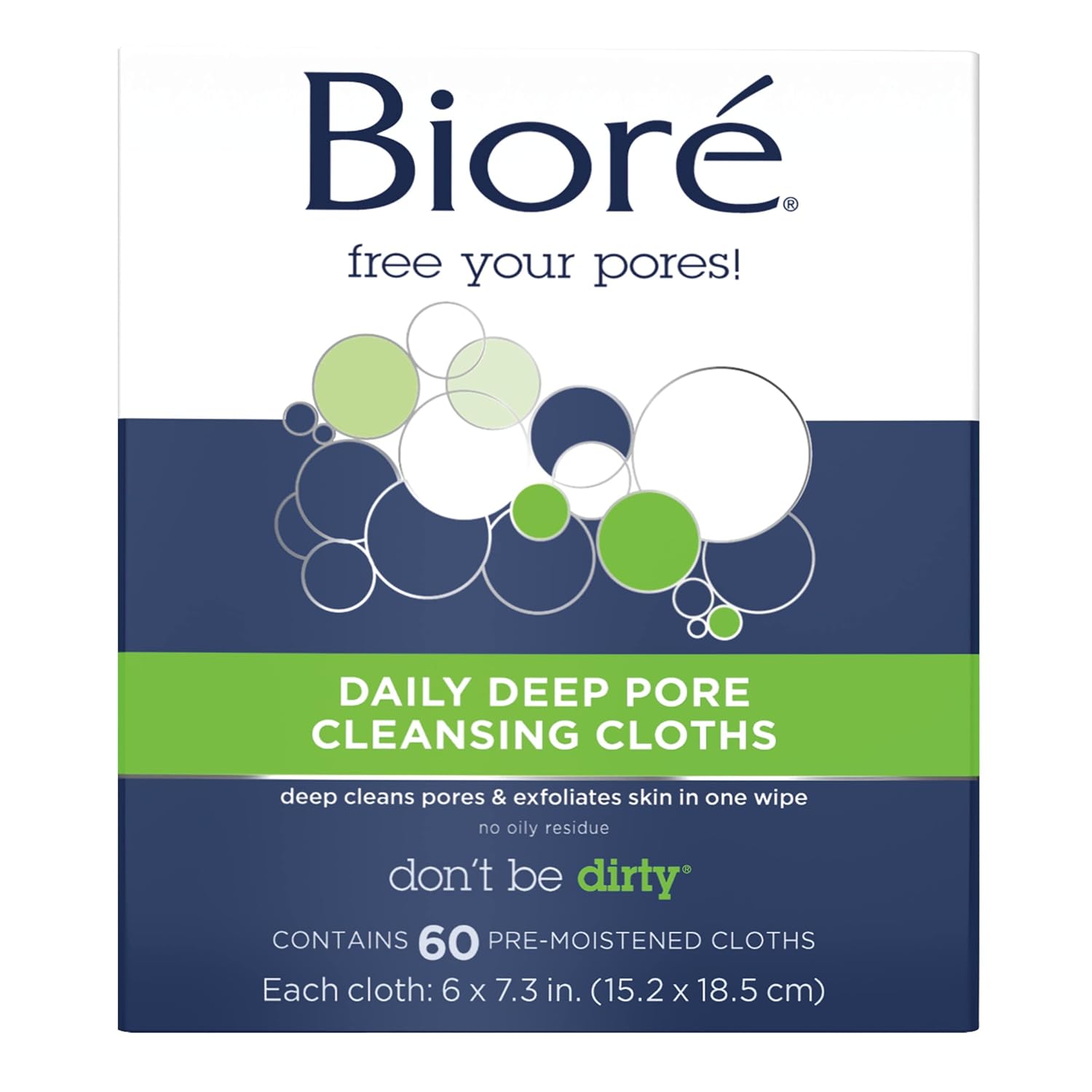 Bioré Daily Make Up Removing Cloths, Facial Cleansing Wipes With Dirt-Grabbing Fibers For Deep Pore Cleansing Without Oily Residue, 60 Count