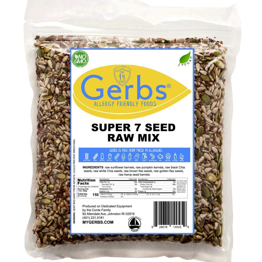 GERBS Raw Super 7 Seed Snack Trail Mix 14oz. | Top 14 Food Allergy Free | Resealable Bulk Bag | Made in USA | Raw Pumpkin Sunflower (Black & White) Chia Hemp (Brown & Golden) Flax Seeds | Gluten Free