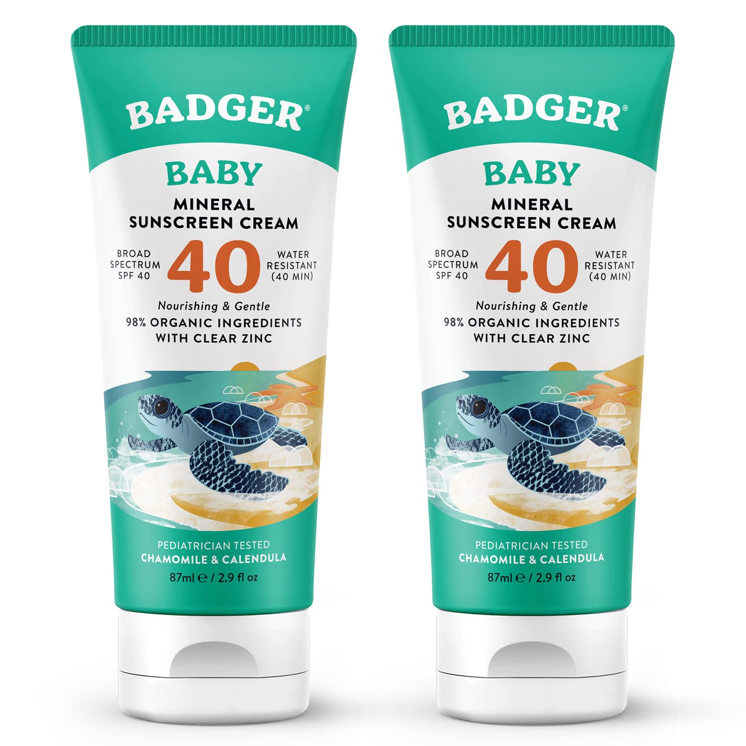Badger Mineral Baby Sunscreen Cream Spf 40, 98% Organic Toddler Sunscreen With Zinc Oxide, Broad Spectrum, Reef Safe, Water Resistant, Pediatrician Tested Baby Sunblock, 2.9 Fl Oz, 2-Pack
