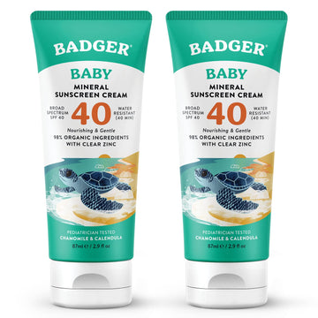 Badger Mineral Baby Sunscreen Cream Spf 40, 98% Organic Toddler Sunscreen With Zinc Oxide, Broad Spectrum, Reef Safe, Water Resistant, Pediatrician Tested Baby Sunblock, 2.9 Fl Oz, 2-Pack