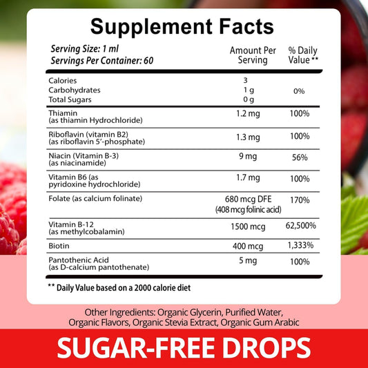 Vegan Vitamin B12 With B Complex 20000 Mcg- Extra Strength For Men And Women- Raspberry Liquid Drops| Usa Made, B1, B2, B3, B5,B6, Biotin, Folic Acid & B12 Sublingual Methylcobalamin | 4 Months Supply