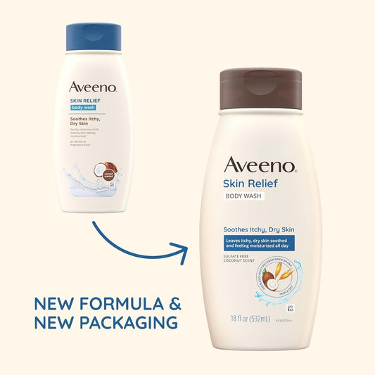 Aveeno Skin Relief Body Wash With A Gentle Coconut Scent & Soothing Triple Oat, Cleanser For Sensitive Skin Leaves Itchy, Dry Skin Soothed & Feeling Moisturized, Sulfate-Free, 18 Fl. Oz