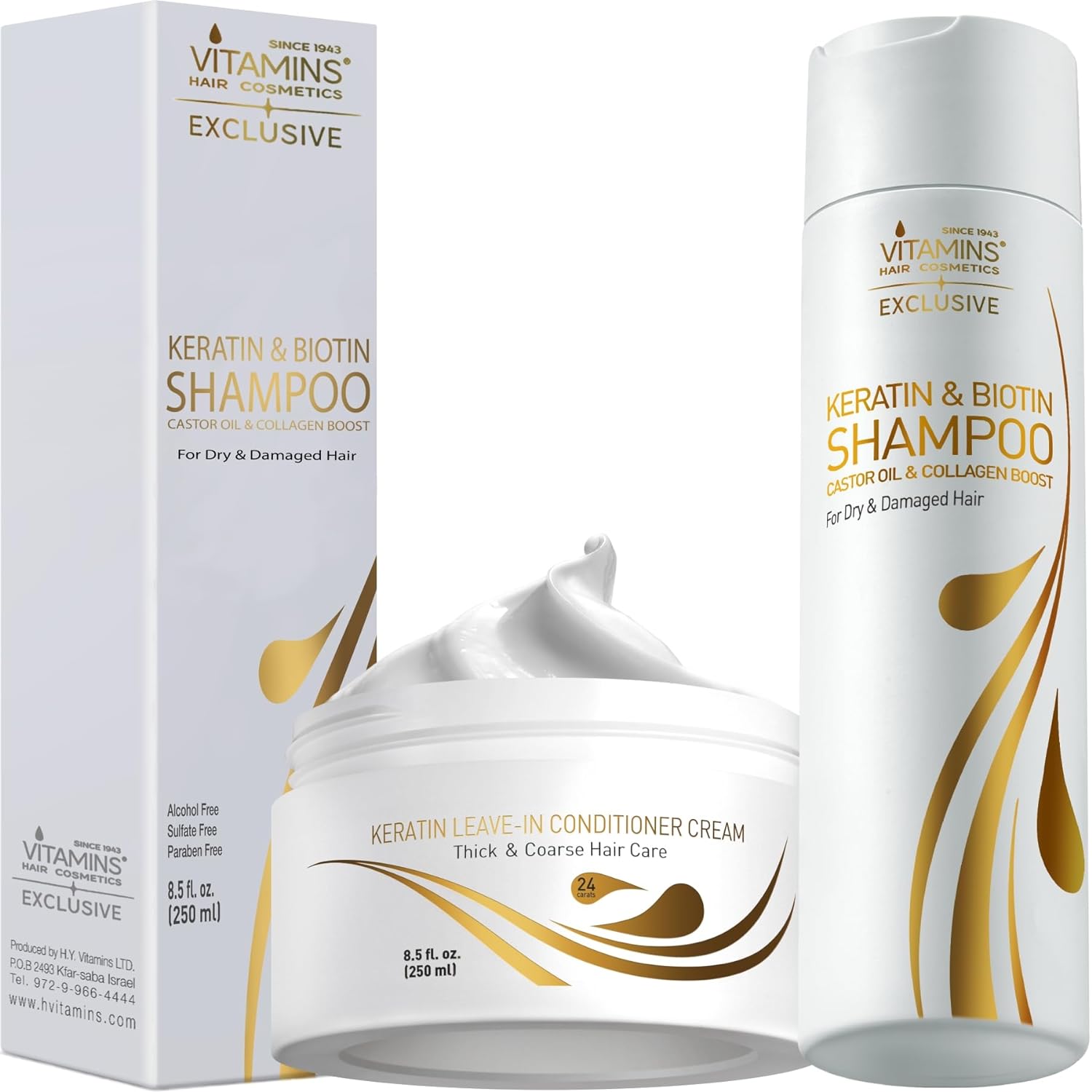 Vitamins Keratin Shampoo and Thick Hair Leave-In Conditioner Kit - Renewing Cleanser for Luminous Blowout Look and No Rinse Conditioning Moisturizer For Dry Damaged Thick Hair - Pro Salon Hair Care